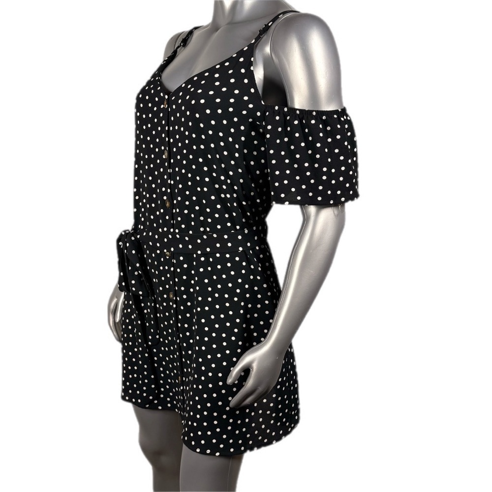 Speechless | Black and White Polka Dot Cold Shoulder Button Front Dress - Picture 8 of 12
